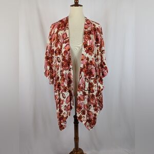 LC Lauren Conrad Pink Red Floral Poppy Kimono Cardigan Cover Up Womens OSFM